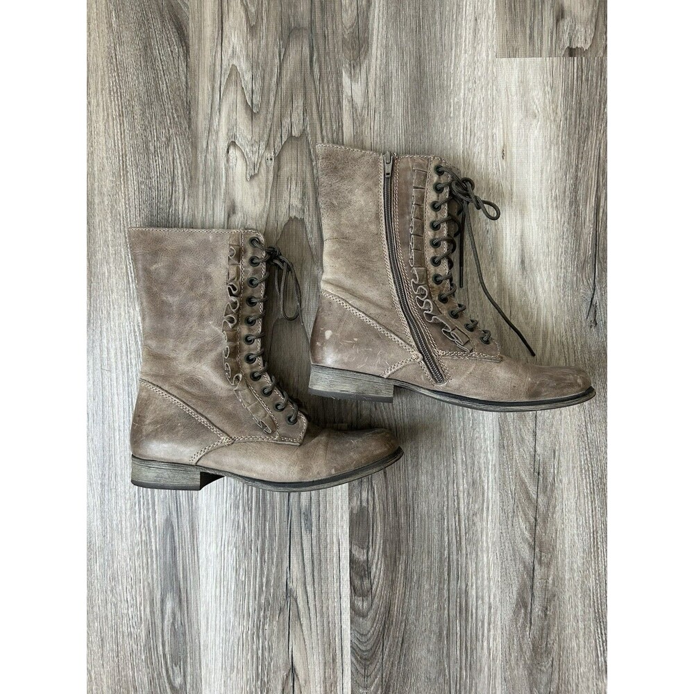 Betsey Johnson Litza Combat Boots 7 Taupe Distressed Ruffle Mid Calf Zip Grunge